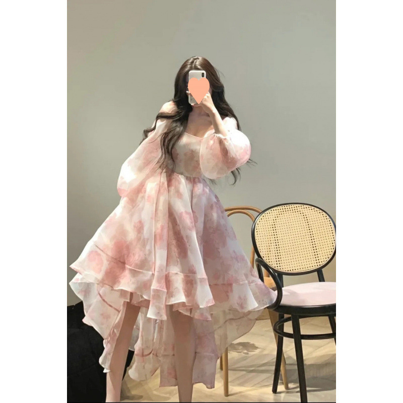 Sweet Fugitive Princess Fairy Birthday Dress Puff Sleeves Waist Puffy Dress Seaside Beach Tail Dress