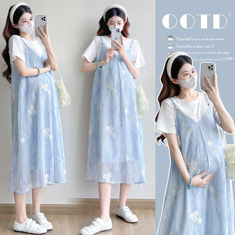 Maternity Wear 2026 Summer New Korean Style Sweet and Elegant Cotton T-Shirt with Chiffon Embroidery Fake Two-Piece Dress
