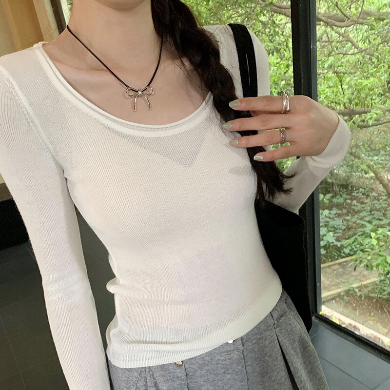 薄荷曼波纯欲薄款时尚微透长袖针织女秋季新款修身显瘦洋气上衣女|undefined