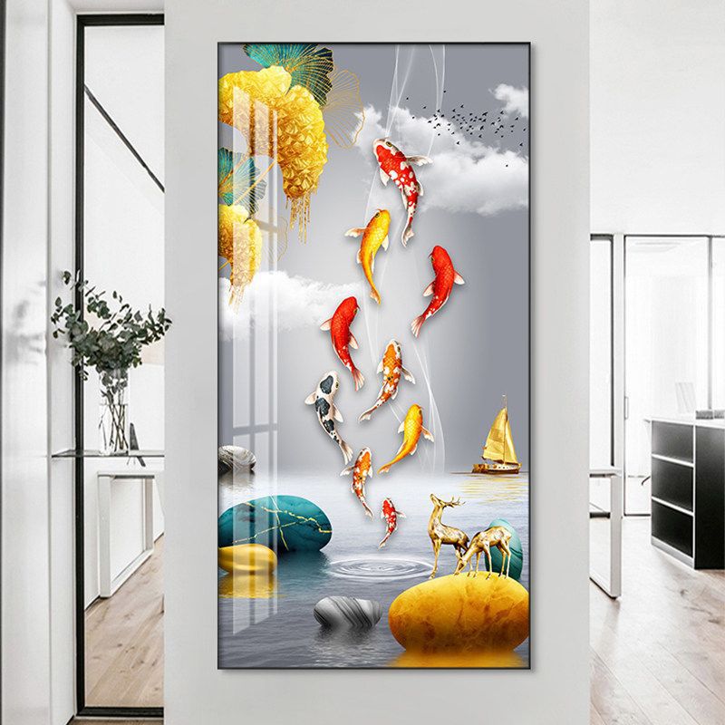 Pintura decorativa del pasillo del pasillo de nueve peces pintura colgante moderna simple pintura mural decorativa vertical de la puerta de la casa image 8
