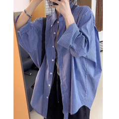 春夏新款韩版宽松显瘦蓝色格子衬衫女长袖大码百搭休闲慵懒风衬衣