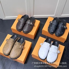 厂家现货供应外贸情侣款驴家拖鞋经典老花字母平底一脚蹬包头拖鞋