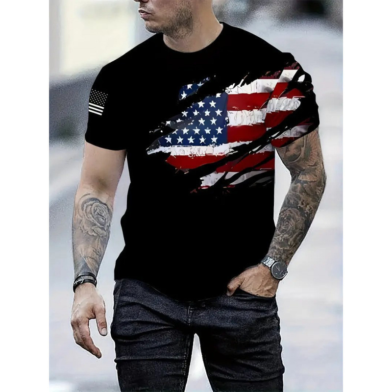 Amazonクロスボーダーヨーロッパとアメリカの人気国旗プリントサマーTシャツレトロ3Dデジタルプリントラウンドネック半袖紳士服|undefined