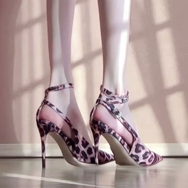 2026 New Leopard Print High Heels for Women, Stiletto Pointed Toe, Elegant and Sexy Temperament, Open-Back Closed-Toe Sandals