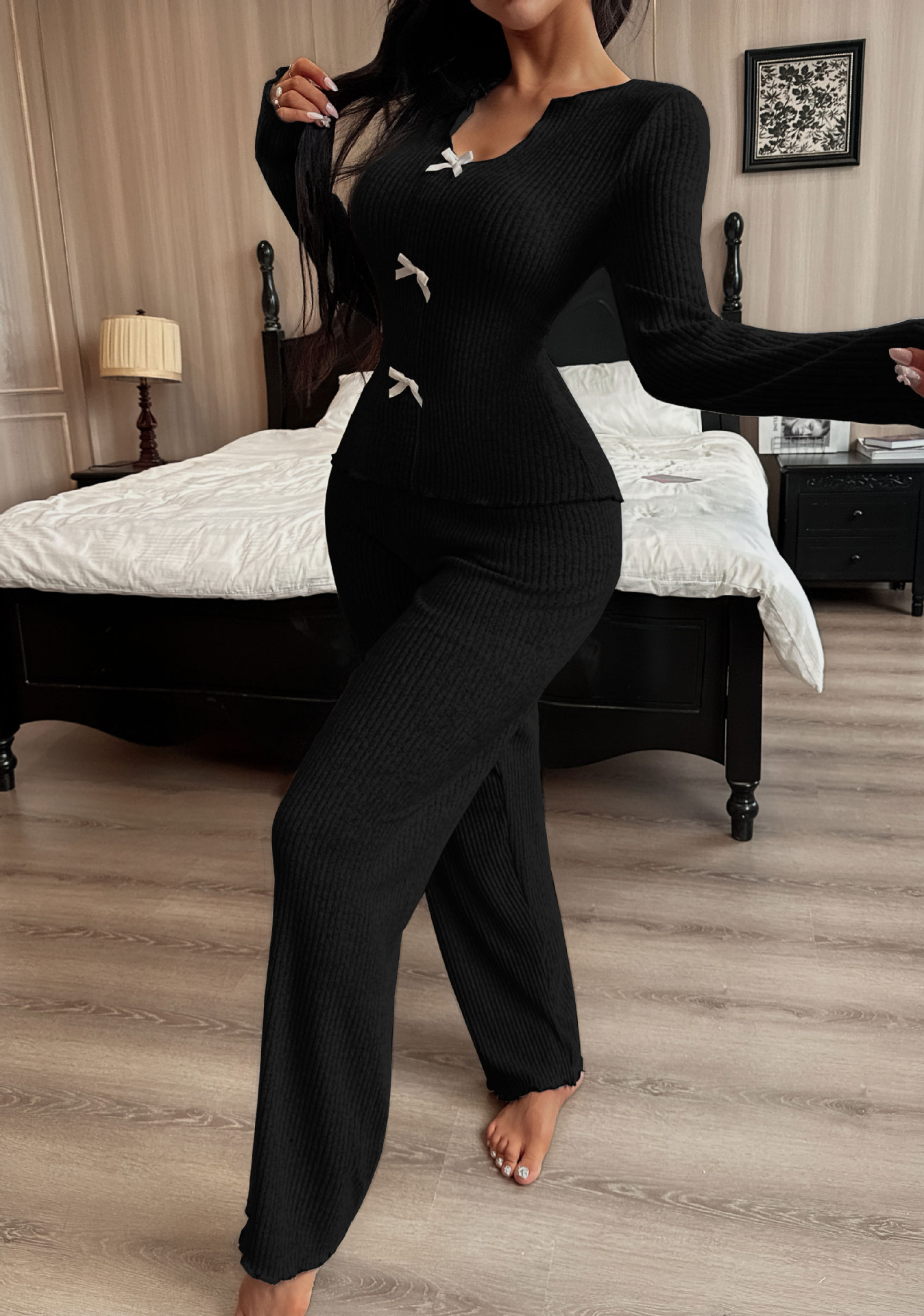 Women's Bow Knit Pajamas - V-Neck Long Sleeve Top & Pants Set, Fashionable Home Wear_voghion.com