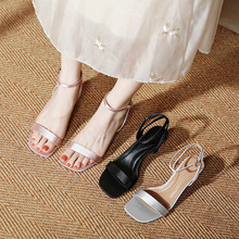 2025新款夏季高跟凉鞋一字带露趾性感仙女风粉色方头高跟鞋女细跟