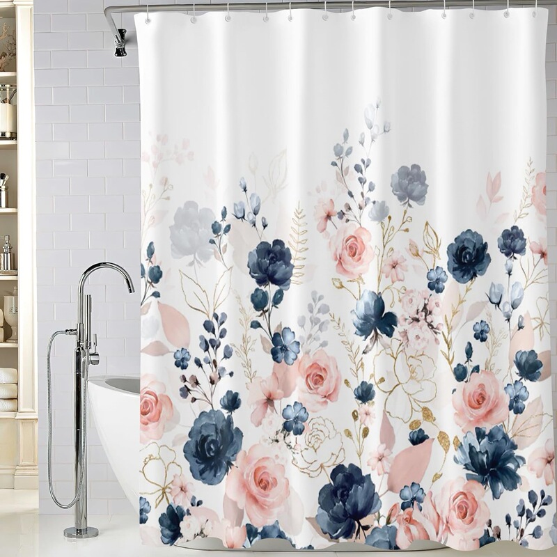 Cross-Border Navy Blue and Pink Floral Shower Curtain Bathroom Fabric Watercolor Flowers Bathroom Shower Curtain with 12 Hooks