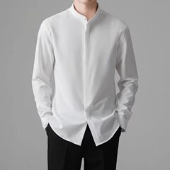 春秋季男士立领衬衫中式坠感白色衬衣免烫抗皱中国风上衣休闲长袖