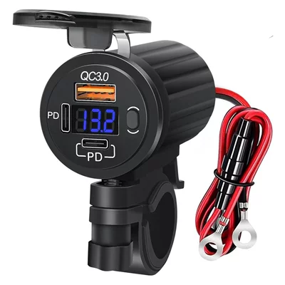 New Dual Pd+Qc Car Mobile Phone Charger Motorcycle Modified Voltmeter Fast Charging USB Switch Car Charger Waterproof (Mobil şarj cihazları) - blu-ray