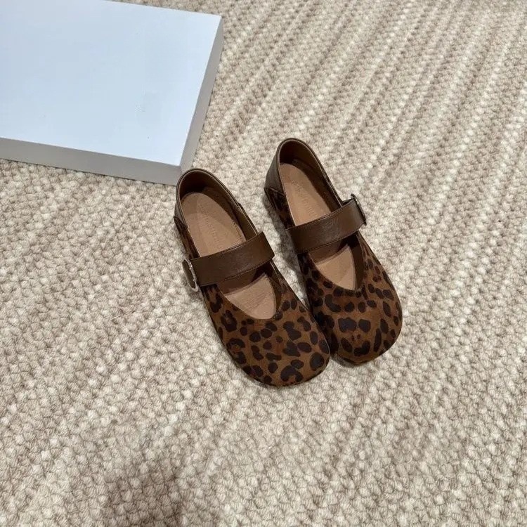 Retro leopardo Bockens zapatos de cabeza de mango simple botón de mujer zapatos de ballet de otoño