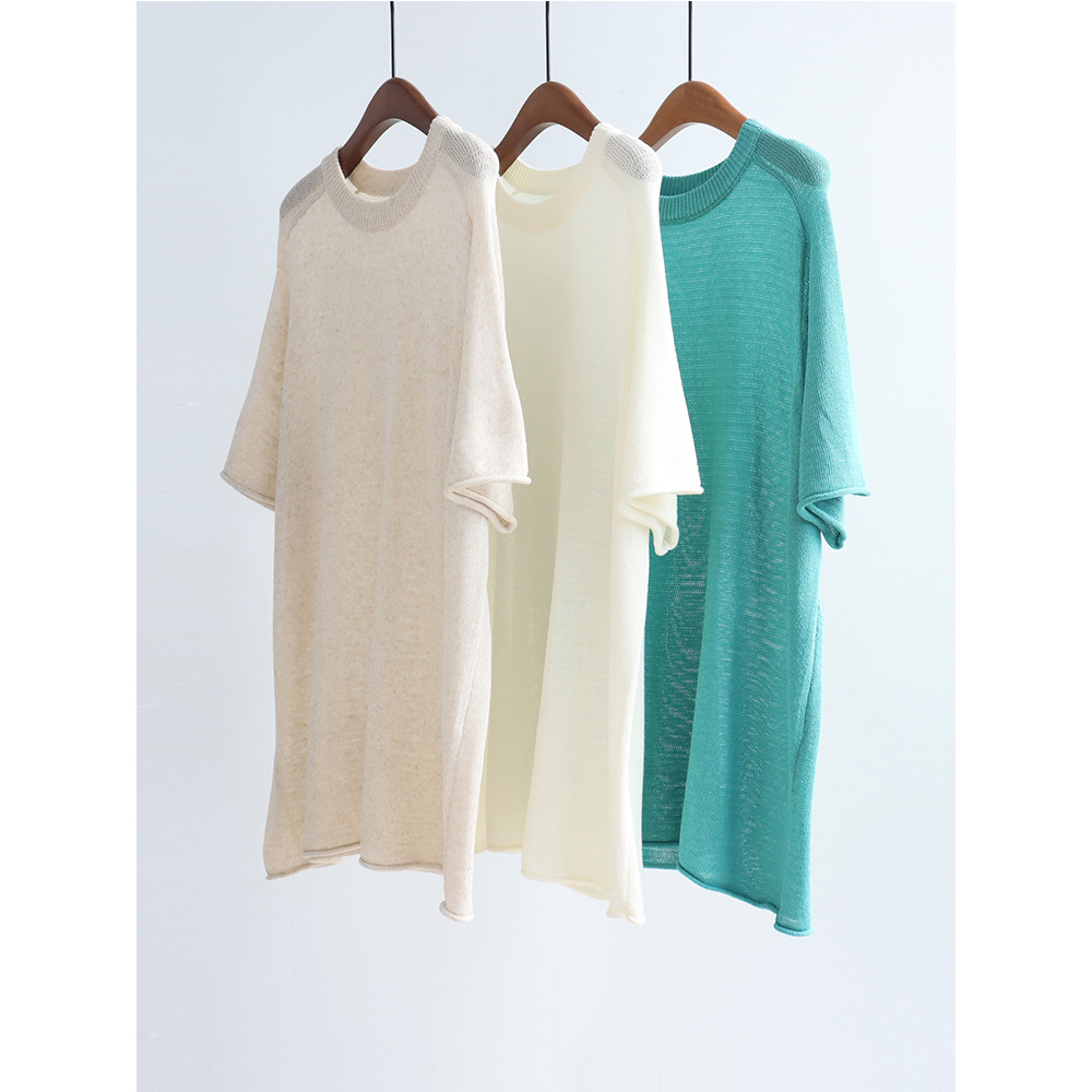 Spring and Summer New Tencel Linen Midi Knitwear Short-sleeved Loose Round Neck Casual Pullover Blouse Women
