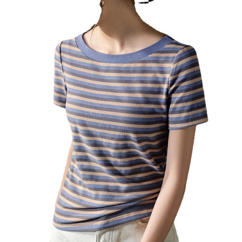 Camiseta de manga corta de las mujeres de verano 2023 nuevas mujeres de contraste color de rayas camiseta temperamento fuera del hombro superior de la cintura francesa