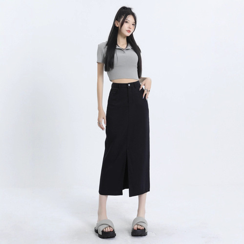 Small man with split front, high waist half-body denim dress, women's spring and autumn new style, light blue slimming bag, hip A-line middle and long skirt