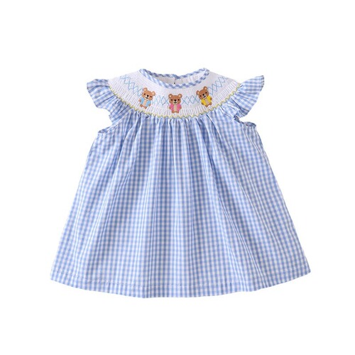 Summer Thin Girl's Skirt, Korean Style Sleeveless Checkered Dress with Cute Bear Embroidery, Heavy Work Ruffle Princess Dress, Cotton