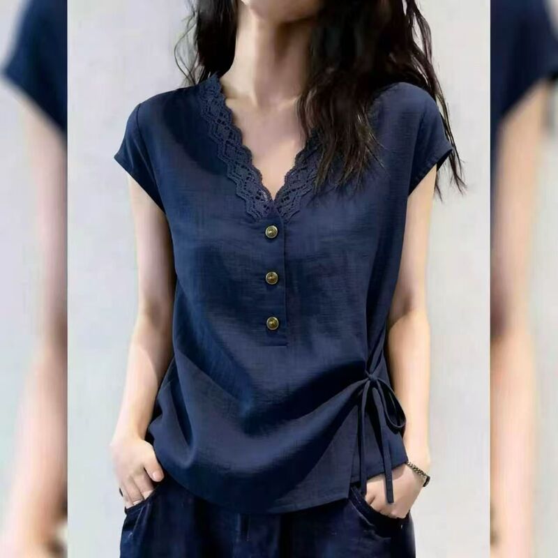 [In-Stock Direct Delivery] Summer New Fashion Lace Patchwork Short-Sleeve Top, Slim Fit, Elegant Commuter Luxury Shirt