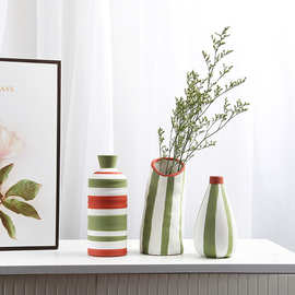 跨境专供手绘陶瓷花器现代北欧几何线条样板间桌面陶瓷花瓶摆件