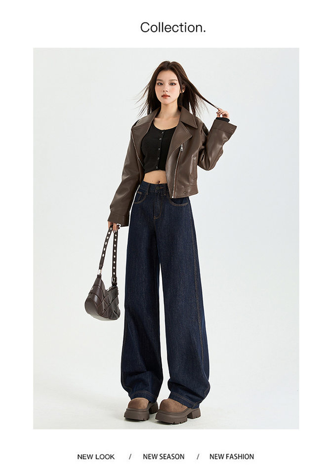 Quần jean nữ ống đứng cạp cao lót lông cừu màu xanh denim, form suông tôn dáng — Kiểu dài màu xanh đậm, Màu xanh đậm chín điểm, Màu xanh đậm kéo dài, Kiểu dài nhung dày màu xanh đậm chi tiết 15