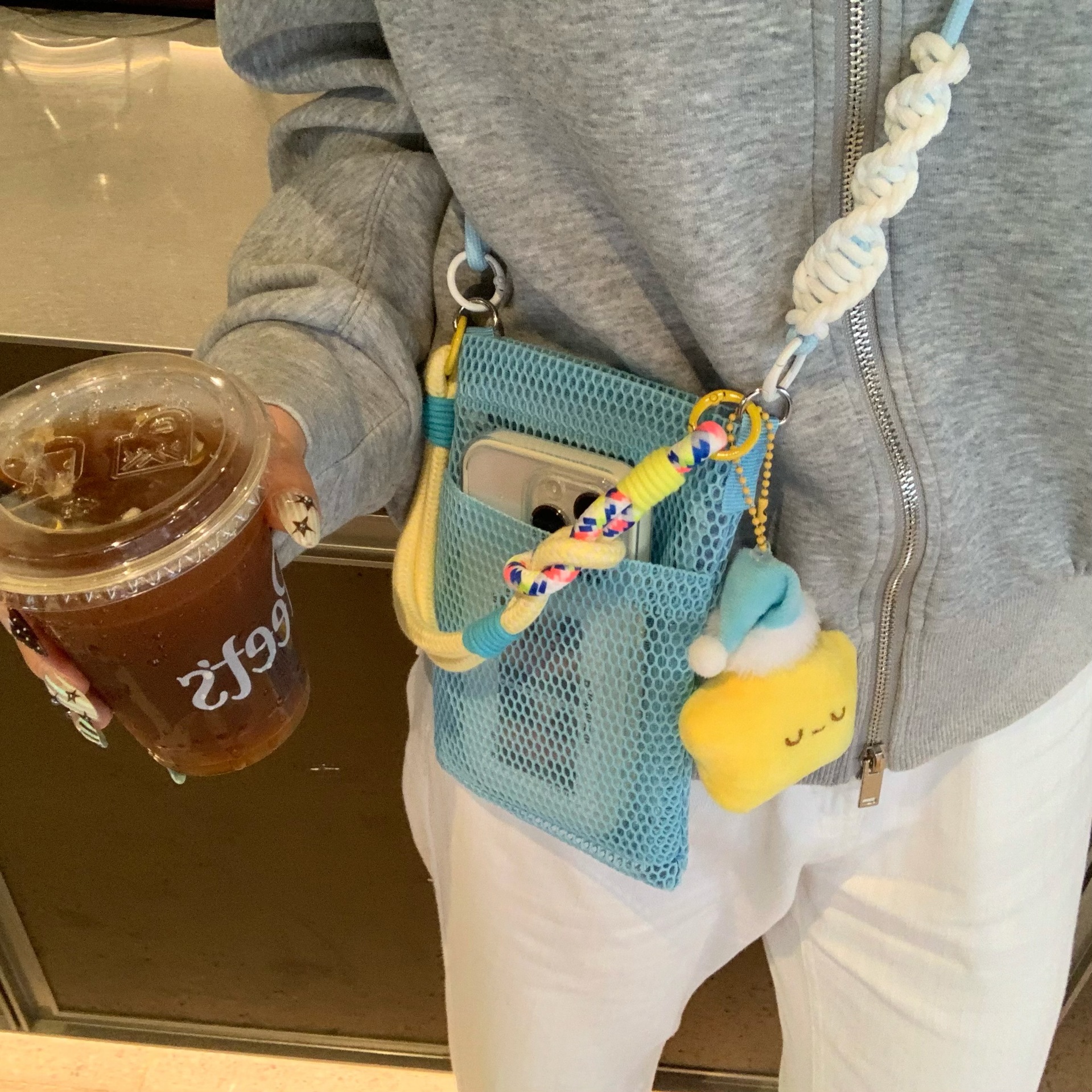 Fresh and Sweet Mobile Phone Bag for Girls, Versatile Shoulder Bag for Summer Outdoor Travel, Cross-Body Mesh Portable Storage Bag