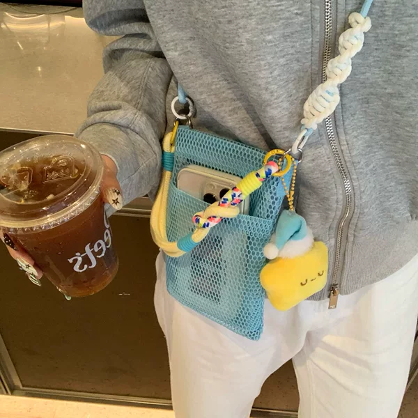 Fresh and Sweet Mobile Phone Bag for Girls, Versatile Shoulder Bag for Summer Outdoor Travel, Cross-Body Mesh Portable Storage Bag