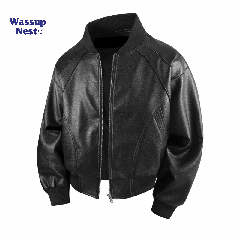 Wassupnest Spring and Autum Men's Trendy American Retro Pu Leather Jacket Loose Simple Casual Trendyy Jacket Wassupnest Spring and Autum Men's Trendy American Retro Pu Leather Jacket Loose Simple Casual Trendyy Jacket