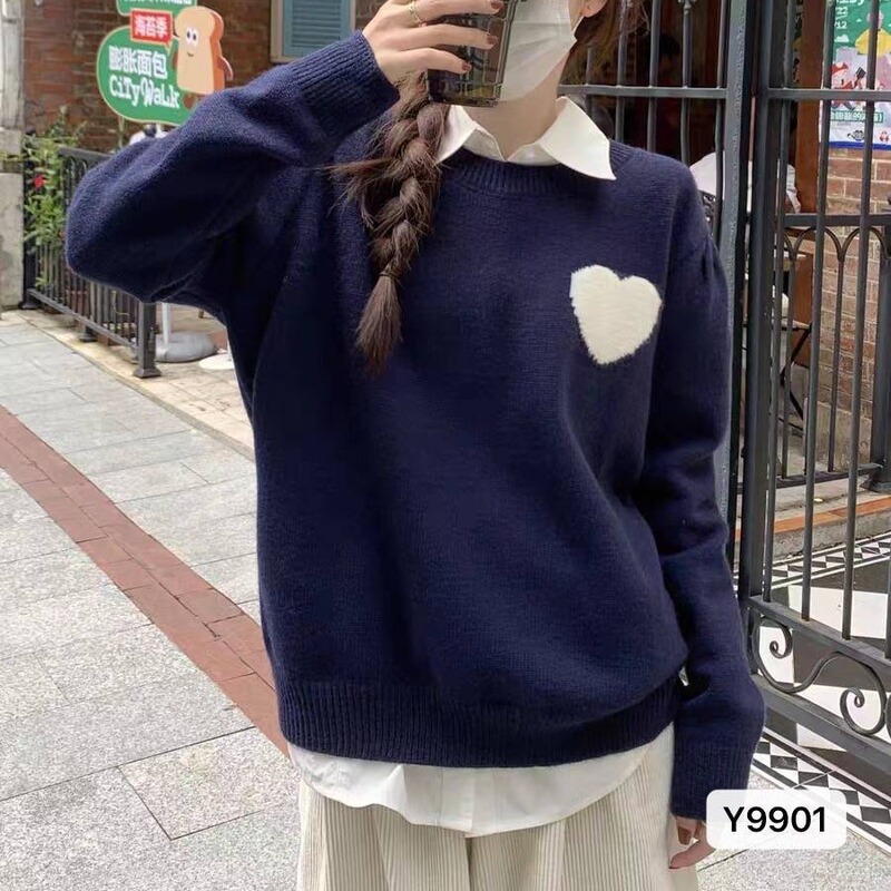 Women's Korean-style embroidered love long-sleeved knitted sweater 2023 autumn and winter lazy round neck versatile slimming knitted top Women's Korean-style embroidered love long-sleeved knitted sweater 2023 autumn and winter lazy round neck versatile slimming knitted top