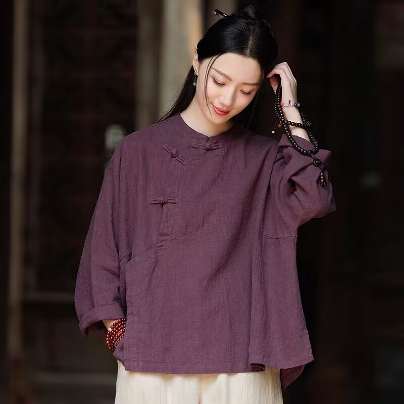 禅服女禅意春秋季新款棉麻上衣宽松长袖衬衫复古盘扣立领斜襟禅修|undefined