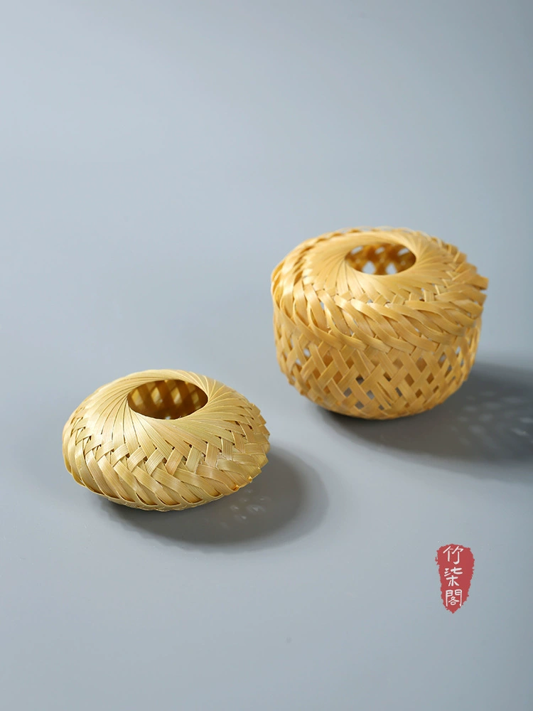 玉竹头层皮精编手工竹编盖置茶宠茶壶手把件茶壶盖托壶盖子座把玩