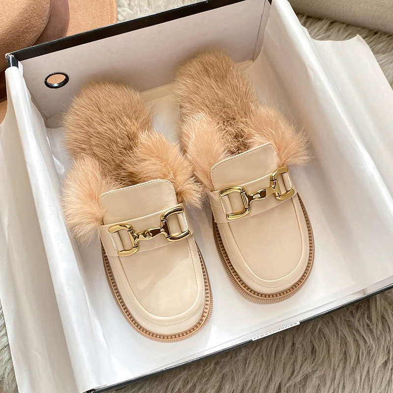 Тапочки KM-6 из натурального меха кролика, новинка осени-зимы 2025 года, на толстой подошве, плюшевые, для женщин, большие размеры 41-43.