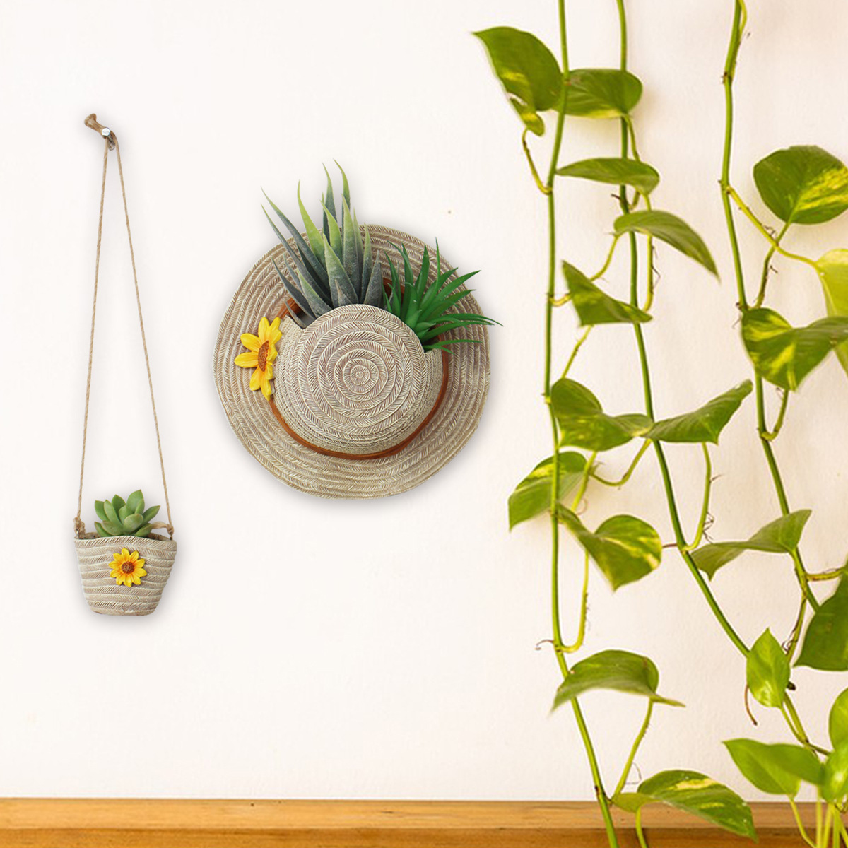   simulation straw hat bag modeling flowerpot small bunch of flowers home decoration wall decoration resin crafts now