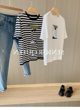 手感赞！减龄印花~时尚横条纹圆领针织短袖T恤女夏季新款