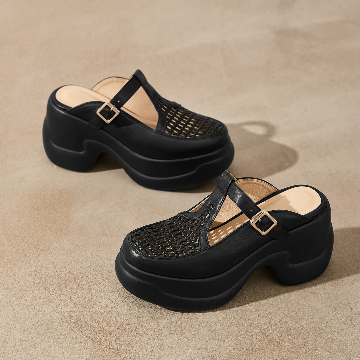 Dép sandal cao gót nữ quai đan gót thô đế dày 9.5 cm — đen