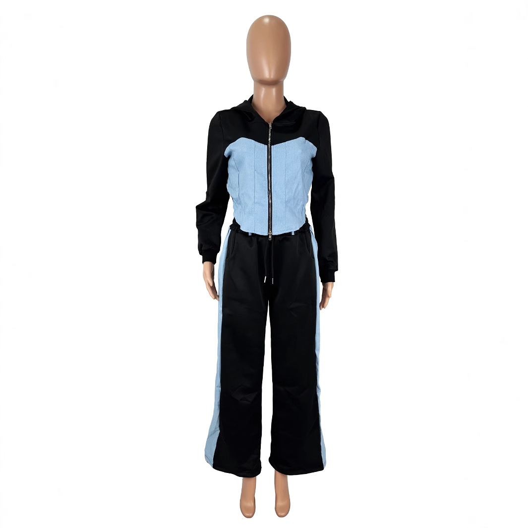 D9727 venta caliente suéter de moda casual de mujer europea y americana costura de mezclilla con capucha top pantalones de dos piezas