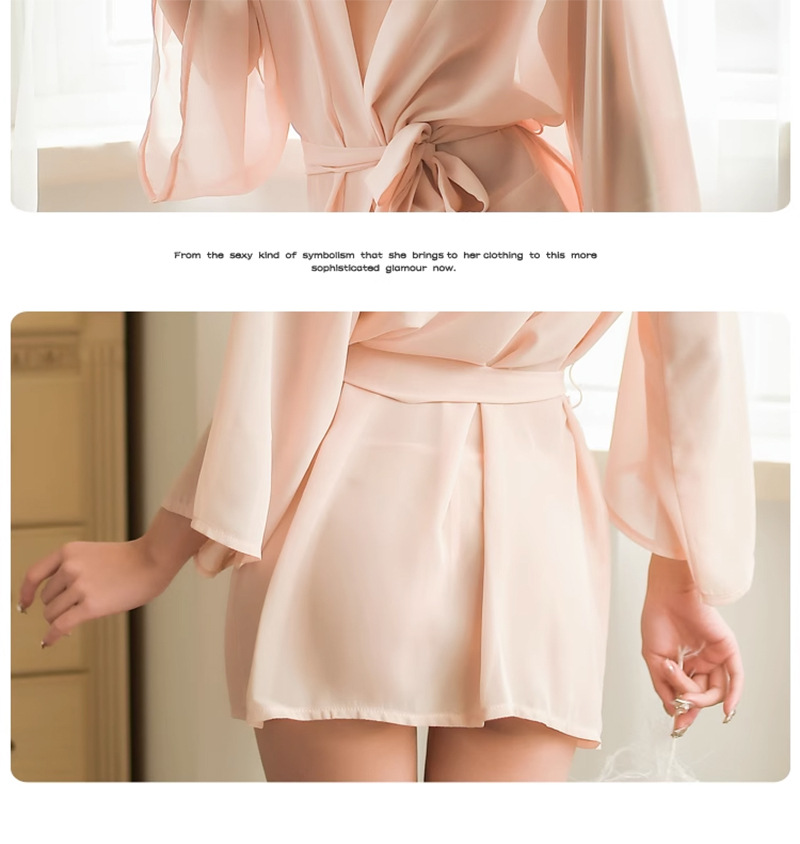 Chiffon Sheer Robe Set with Belt and Thong, Apricot One Size — detail image 5