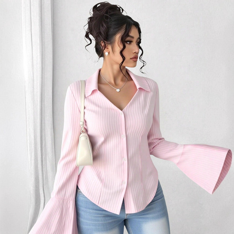 Amazon Hot Girl Slim Long Sleeve Shirt Women's Autumn French Waist Shirt Design Temperament Versatile Top