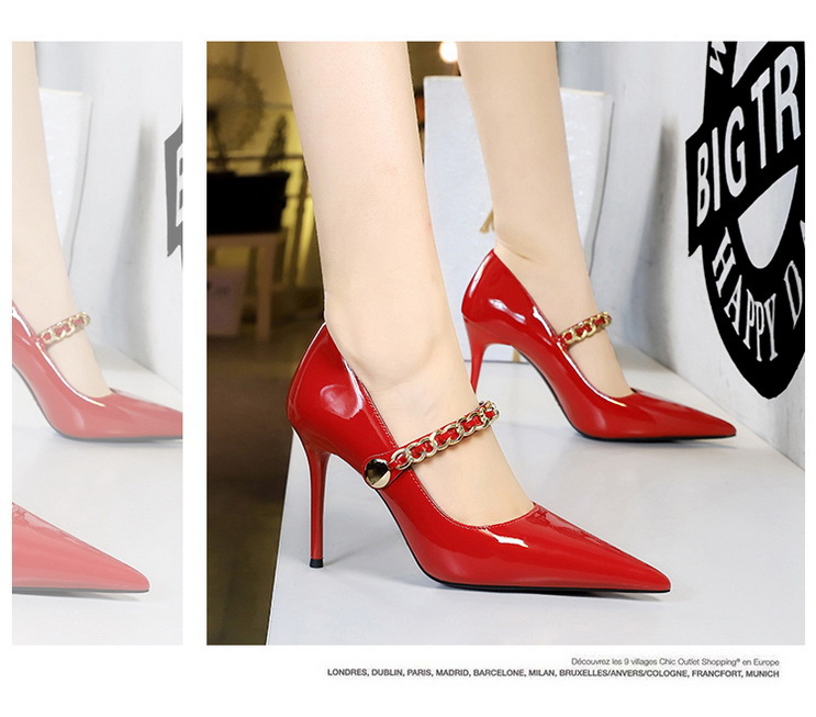 High heels women's shoes slim heels patent leather shallow mouth pointed metal chain line with single shoes_voghion.com