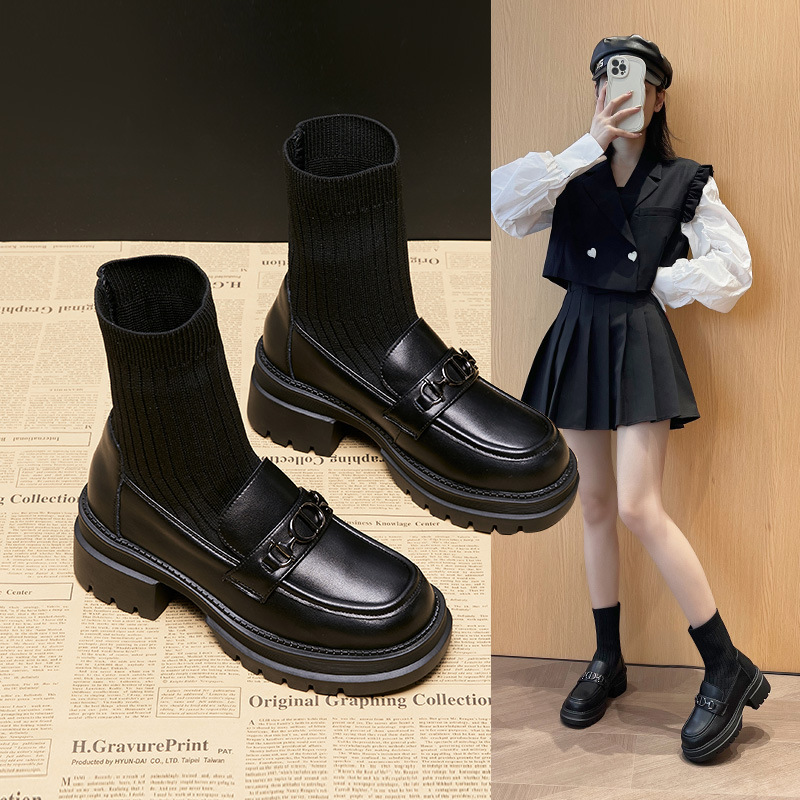 British Style Thick-Soled Height-Increasing Genuine Leather Martin Boots for Women, Versatile Chunky Heel Sock Boots, Trendy on Instagram, Autumn 2026