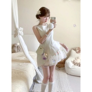 法式甜美時尚氣質不規則蕾絲拼接背心連衣裙女夏季收腰蓬蓬短裙子