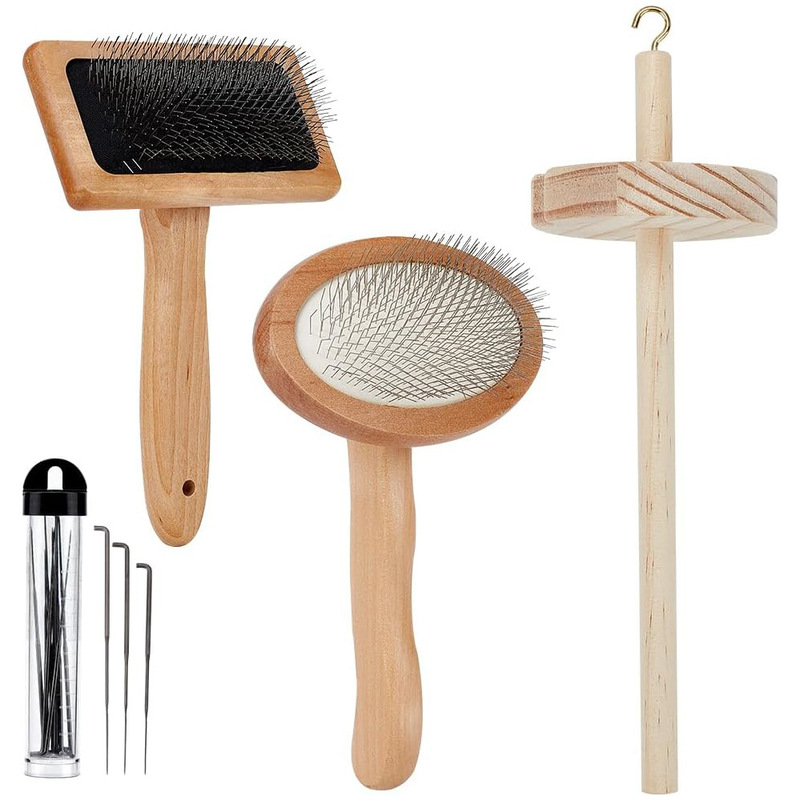 4-Piece Set of Wooden Wool Combs, Flat Combs, Wooden Spinning Tools, and Felting Tools Set 4-Piece Set of Wooden Wool Combs, Flat Combs, Wooden Spinning Tools, and Felting Tools Set