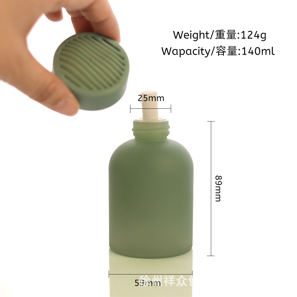 Botella de fragancia de vidrio cilíndrico verde, botella de fragancia vacía sin fuego, botella de fragancia