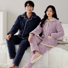 睡衣三层加厚夹棉女珊瑚绒男士法兰绒冬加绒保暖家居服套装批发