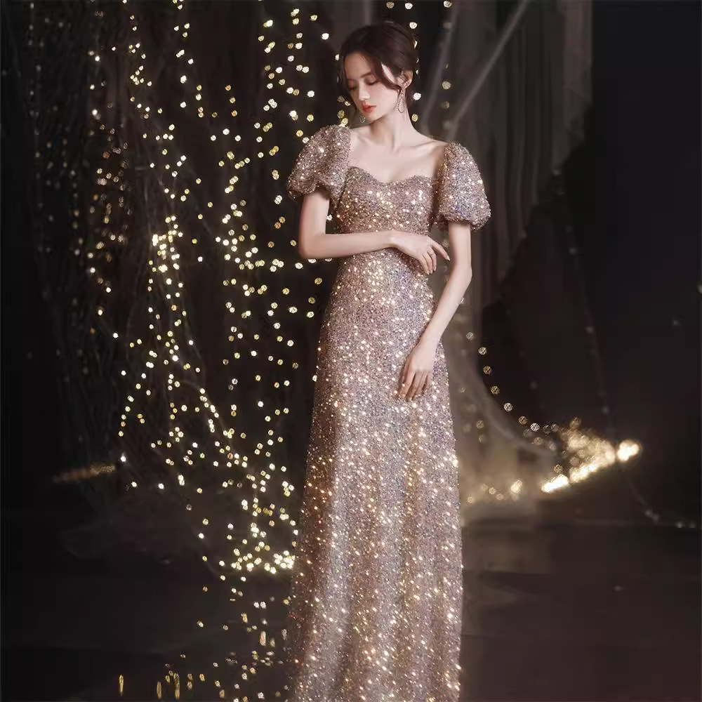 Vestido de noche con lentejuelas estilo ligero lujo nicho vestido femenino banquete elegante Socialite sentido transfronterizo anfitrión rendimiento vestido