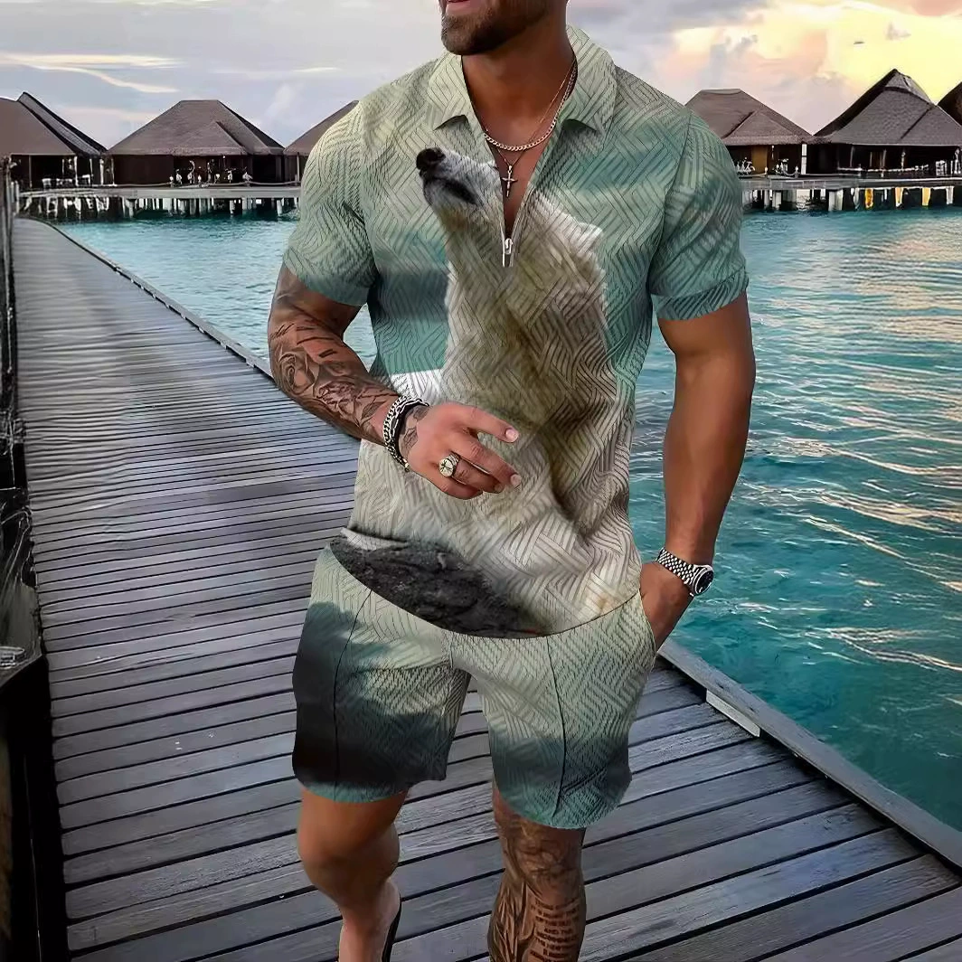 3D Акула и белый медведь мужской костюм, ретро гавайский поло с молнией и воротником и шортами, праздник