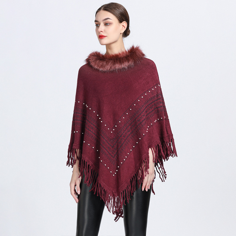 Pull en tricot à franges pour femme, châle, cape, col en fourrure_voghion.com