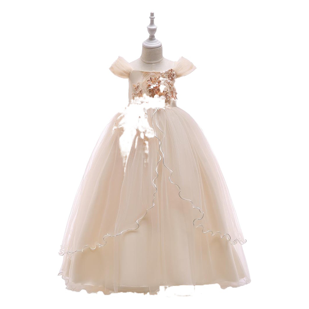 Vestido DE LOS NIÑOS transfronterizos largo fuera de hombro applique malla princesa vestido irregular swing traje niño vestido