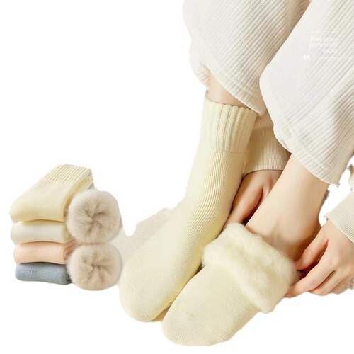 Furry Socks Women's Autumn and Winter Mid-Tube Socks Plus Velvet Thickened Plush Long Tube Socks Floor Sleeping Extra Thick Warm Velvet Socks