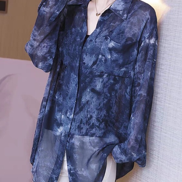 Mid-Length Shirt, Retro Hong Kong Style Shirt for Women, 2025 Sun Protection Top, Denim Blue, Large Size, Summer Fashion Casual Cardigan