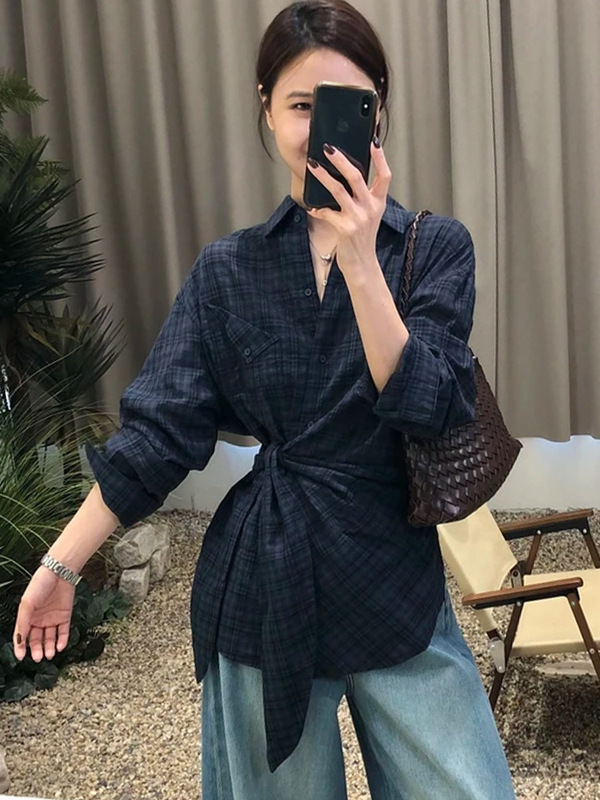 韩系复古长袖格子衬衫女秋季2025新款高级慵懒绑带收腰设计感上衣|undefined