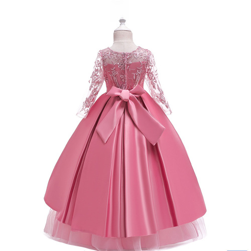 Ins long-sleeve wedding-style bustier dress with floor-length train, children's embroidered long princess dress for girls, pleated and fluffy performance costume