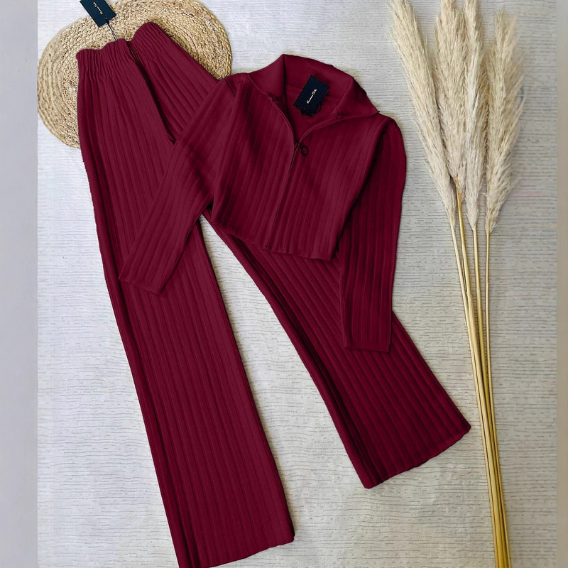 European and American Cross-Border Women's Clothing 2025 Autumn New Long-Sleeved Zipper Cardigan Sweater Lapel Jacket Knitted Slim Pants