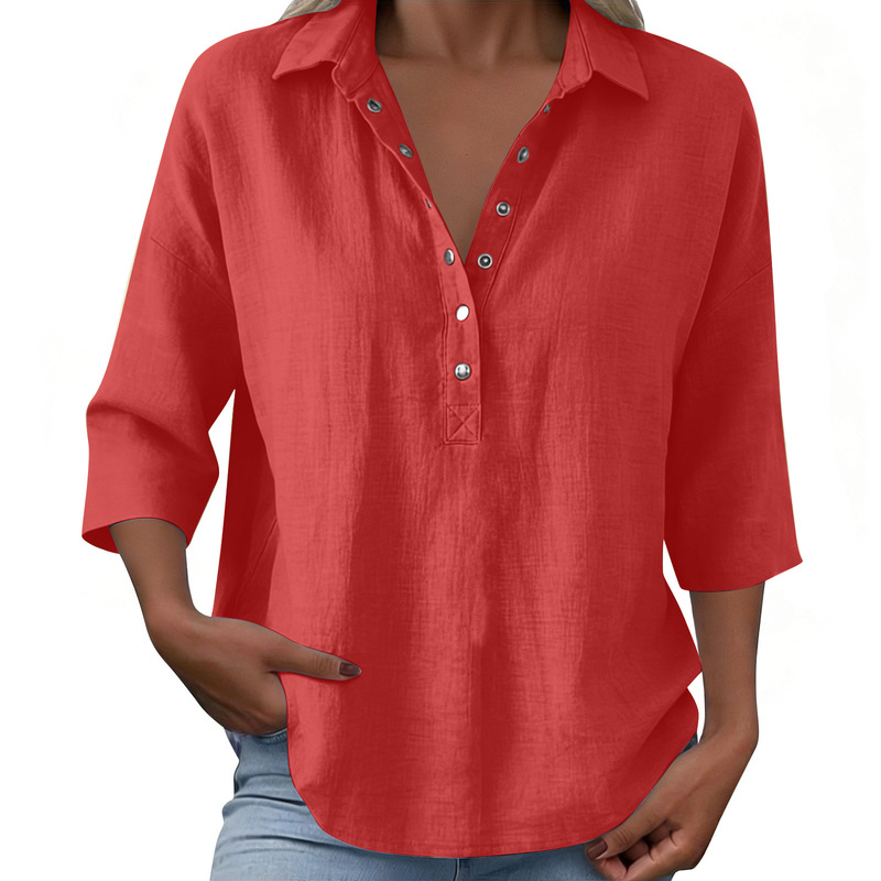 2026 New Model European and American Hot-Selling 8-Color In-Stock Women's Mid-Sleeve Pullover Buttoned Solid Color Washed Cotton Shirt 2026 New Model European and American Hot-Selling 8-Color In-Stock Women's Mid-Sleeve Pullover Buttoned Solid Color Washed Cotton Shirt